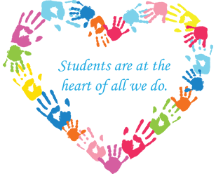 A heart-shaped handprint painted with various colors, with text in the center 'Students are at the heart of all we do.'