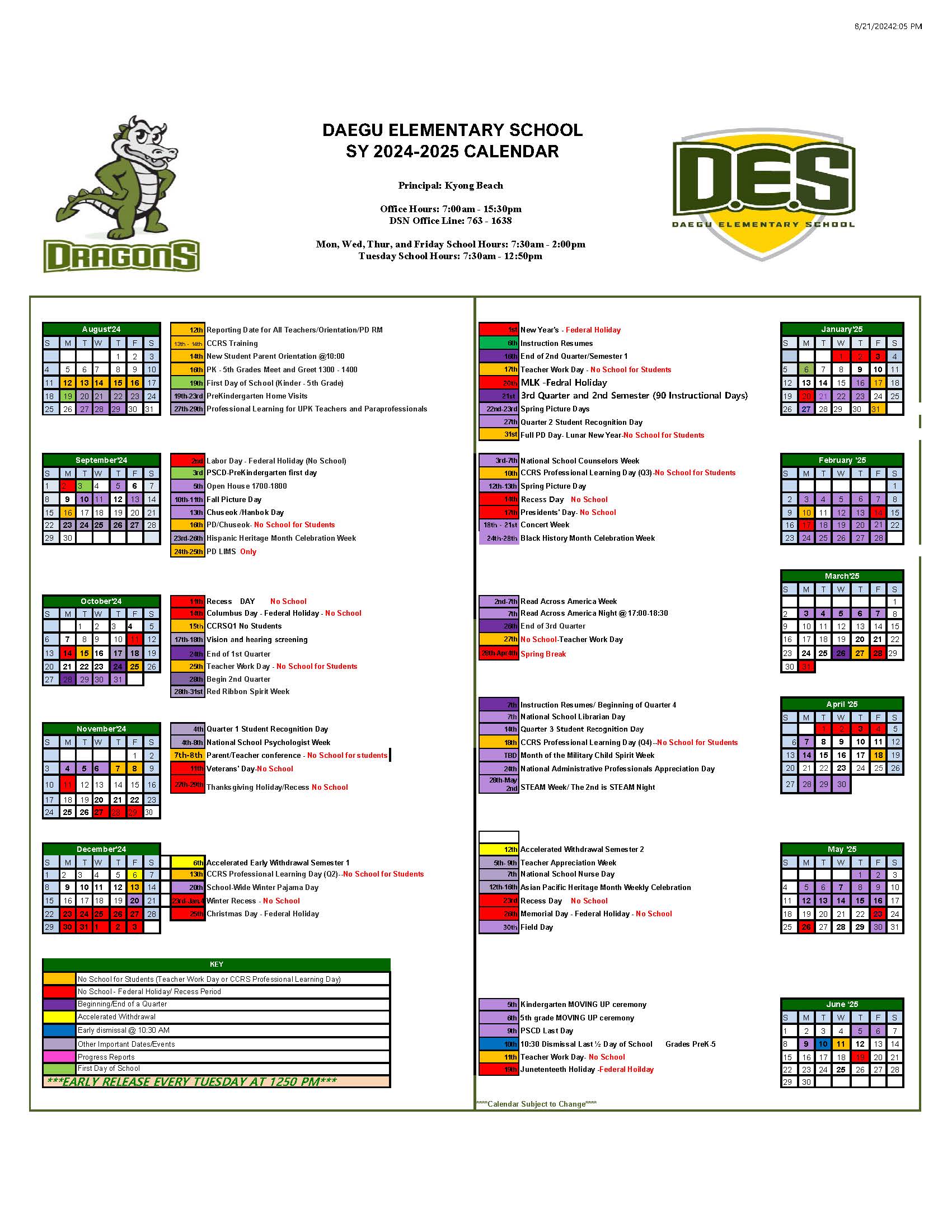 Daegu ES SY 2024-25 Calendar